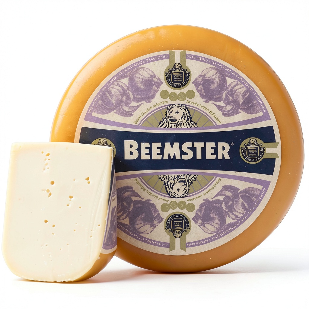 'Garlic Gouda cheese displayed on a wooden board with pairing items'