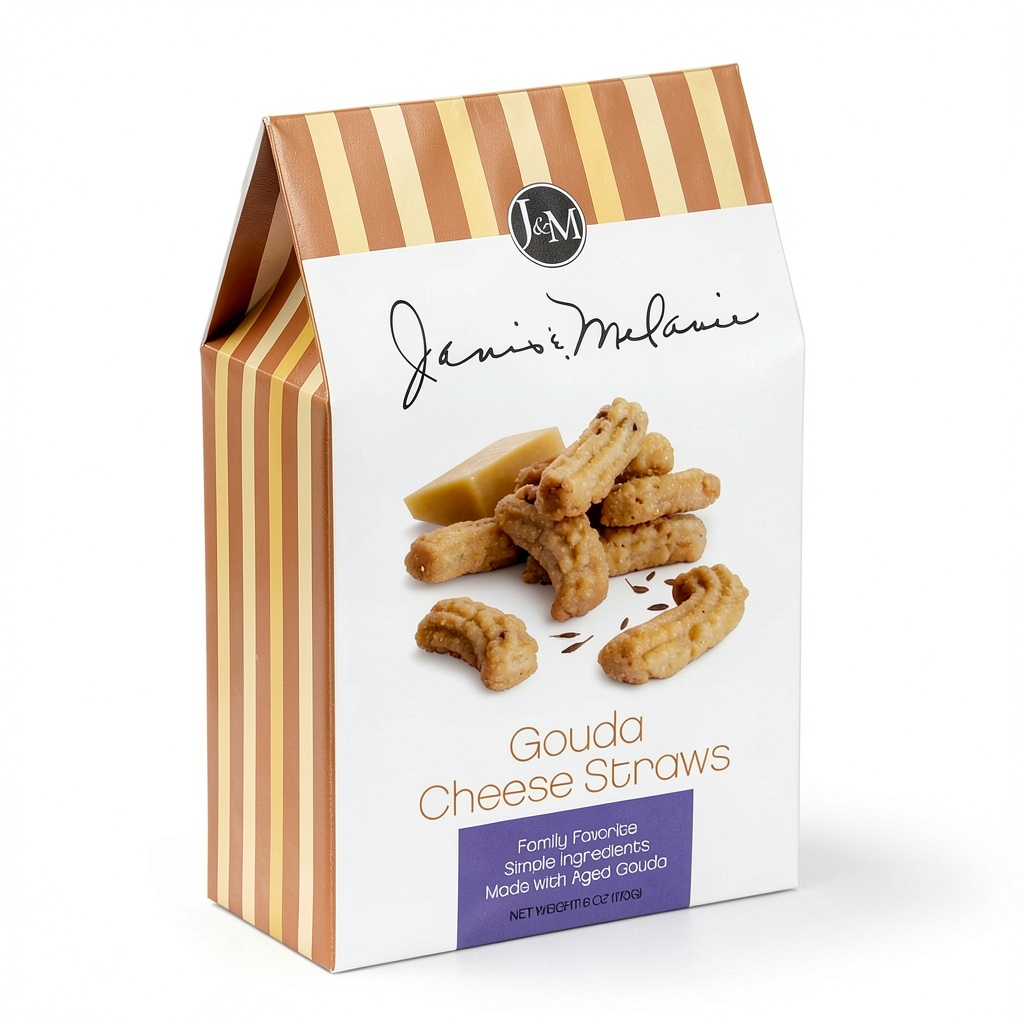 J&M Foods Aged Gouda Cheese Straws displayed on a wooden board with wine and fruits