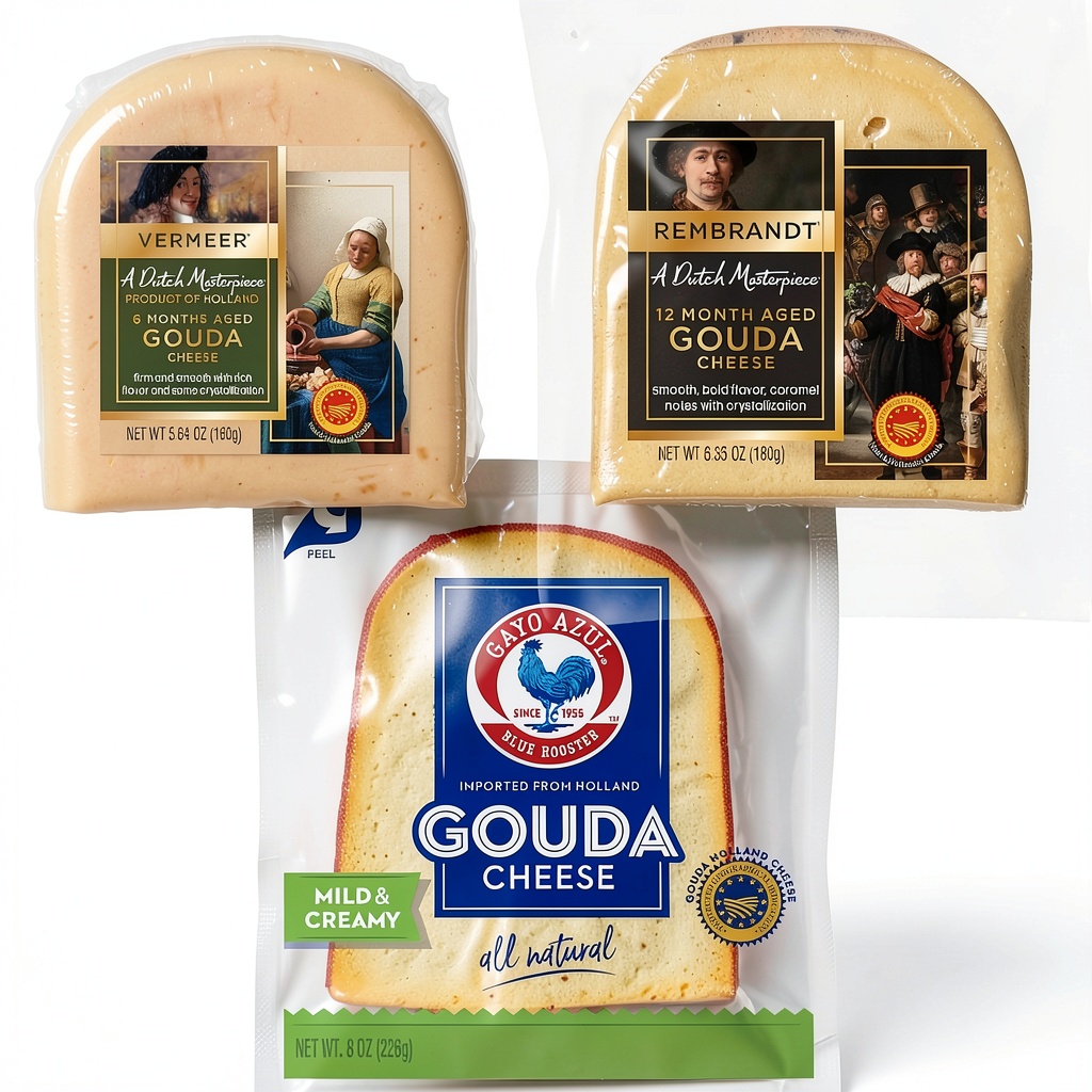 Unboxing and arranging Gouda cheese sampler set by Gayo Azul on a wooden kitchen countertop