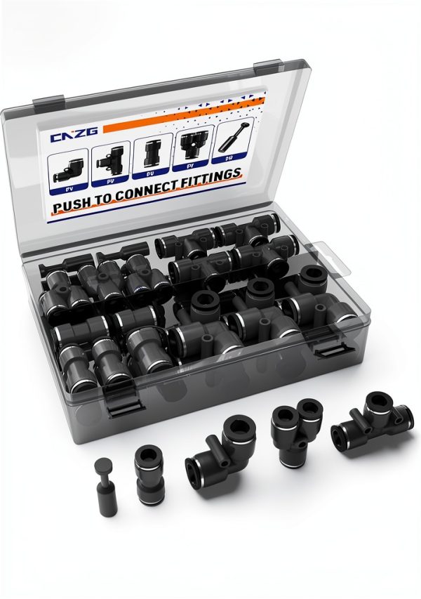 1/4" Push to Connect Fittings CNZG PNEU 60pcs Black Plastic Quick Kit-0
